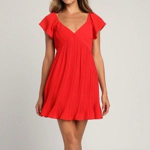 Lulu’s Amalfi Red Pleated Flutter Sleeve Dress - Small - NWT